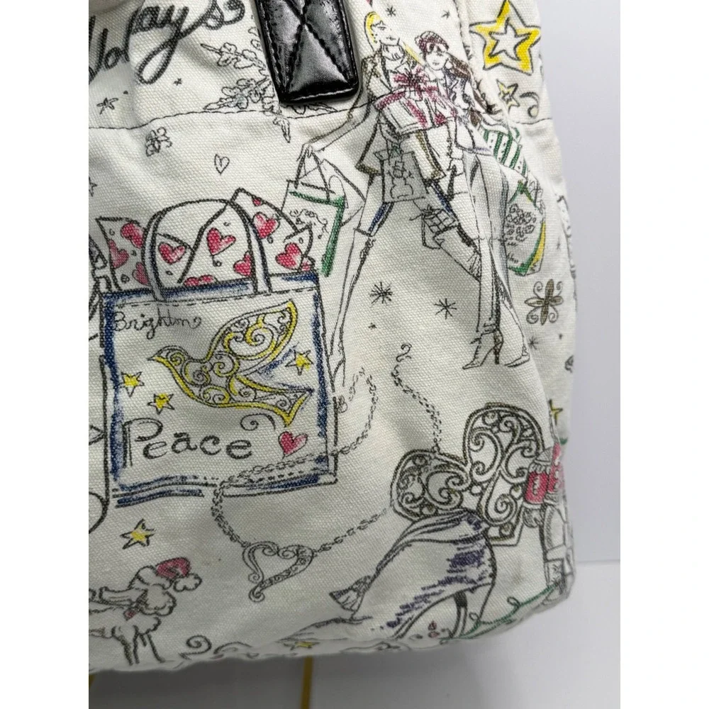 Brighton Happy Holidays Canvas Tote Bag Cream Multi Sketch Print Festive Shopper
